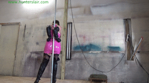 xsiteability.com - Cuffed to a pole with her tortured tits cuffed, clamped & stretched in chains thumbnail
